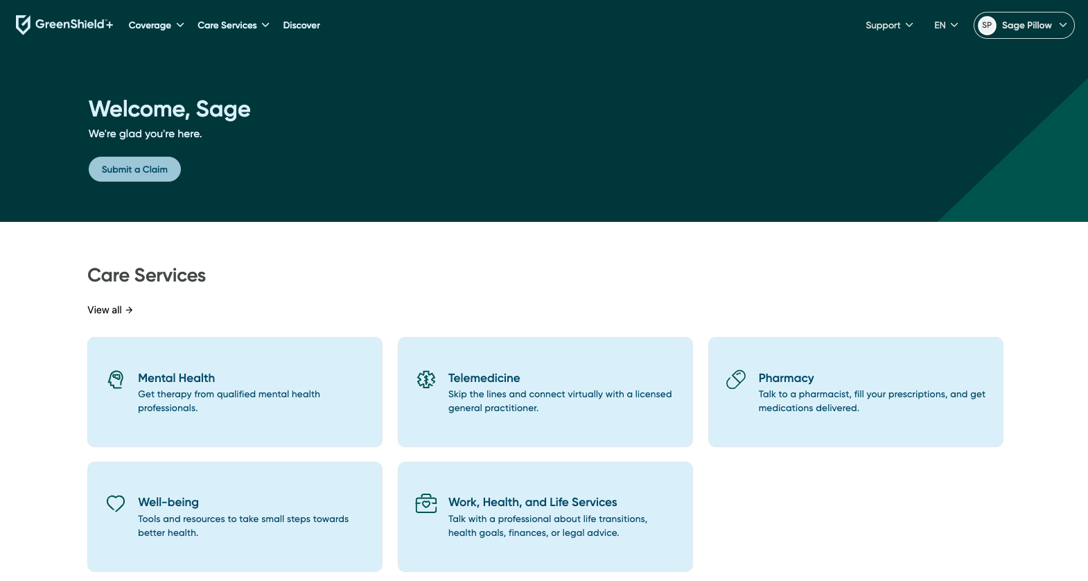 An example of the My ARTA Health Hub showing the key sections of the Navigation bar, Counselling, Telemedicine, and Submit a Claim.