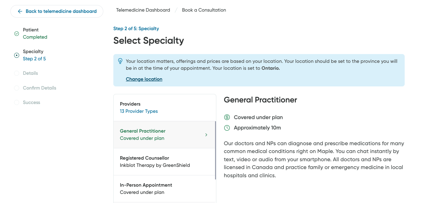 The Select Specialty screen in the Booking flow.