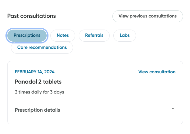 The Prescriptions tab on the Telemedicine dashboard