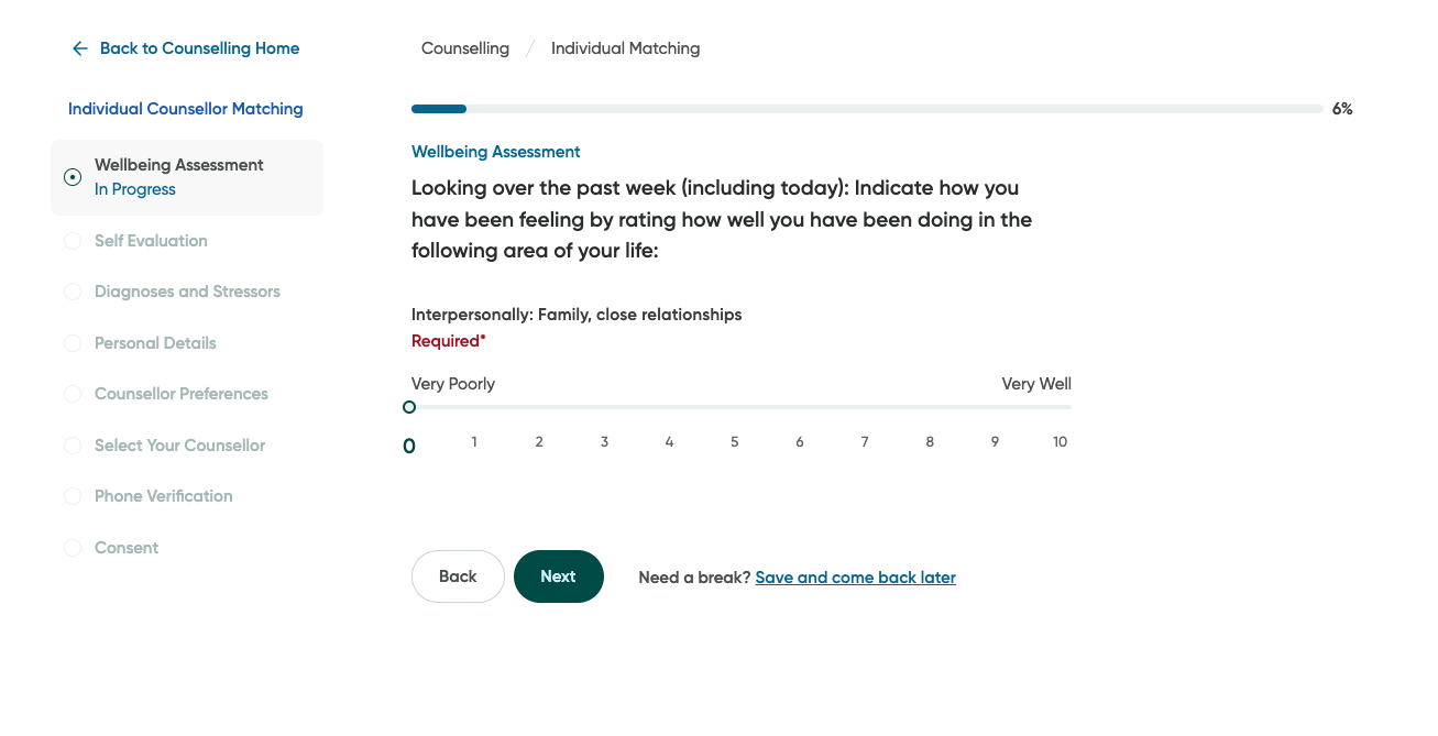 The first step in the individual counselling matching flow.