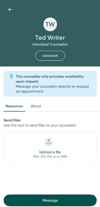 An overview of the counsellor profile and resources screen.
