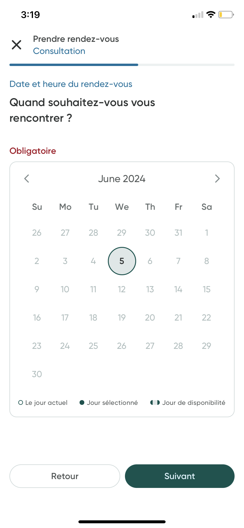 Le calendrier dans le processus de prise de rendez-vous.