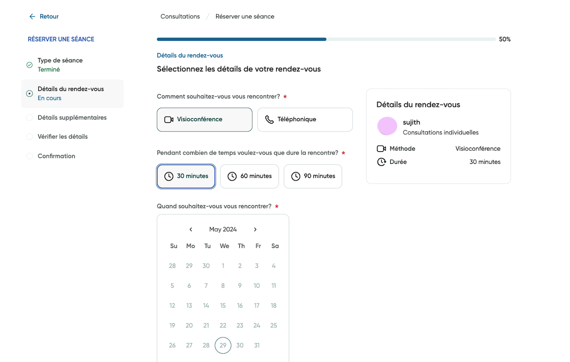 Détails du rendez-vous dans le processus de prise de rendez-vous.