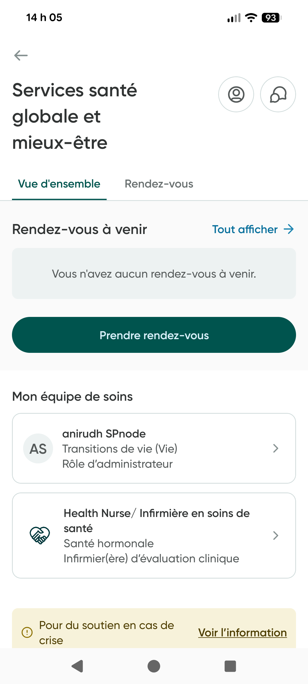 Un aperçu des services de santé globale et mieux-être sur l'appli mobile.
