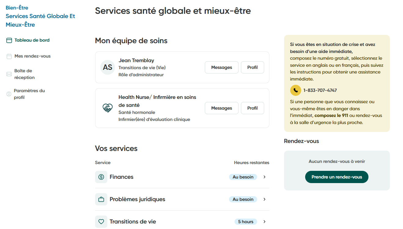 Tableau de bord des services de santé globale et mieux-être.
