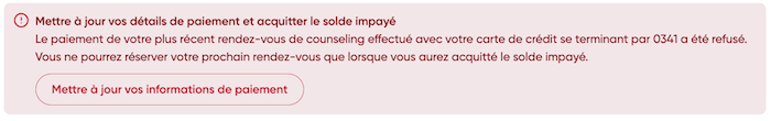 Une bannière indiquant qu'un paiement est en souffrance.