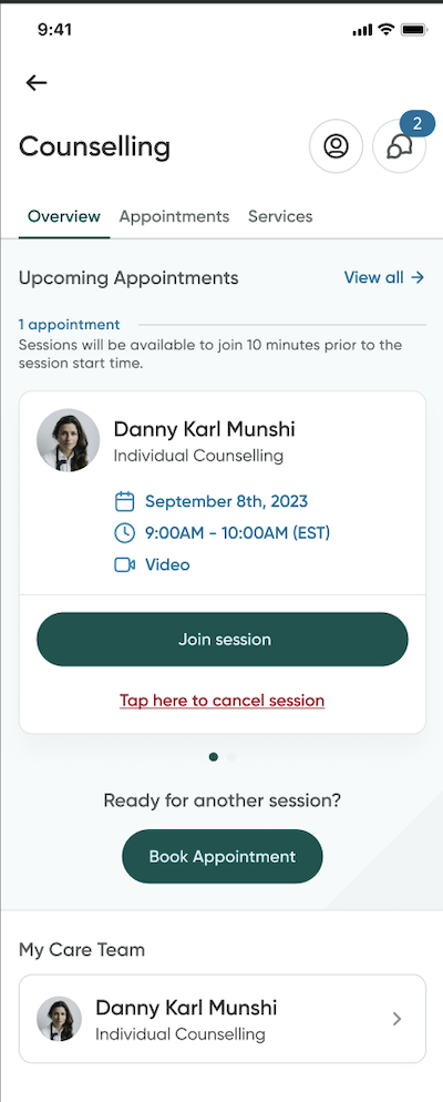 An overview of the mental health section of the mobile app.