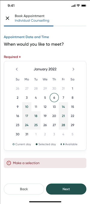 The calendar screen of the appointment booking flow.