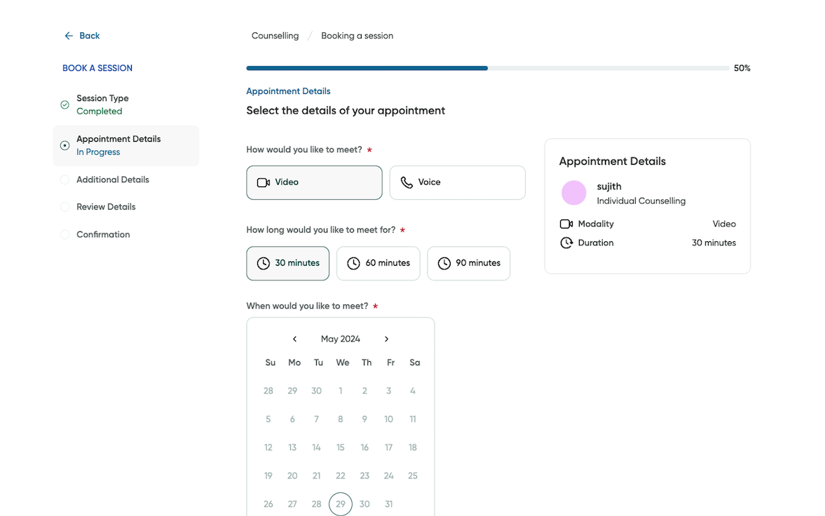 Appointment details screen of the appointment booking processes.