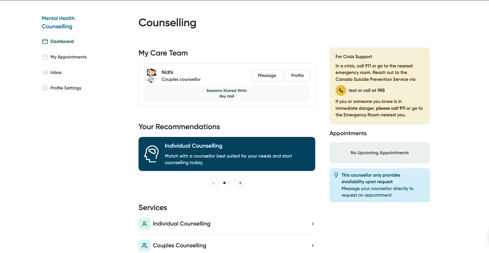 The Mental Health Counselling dashboard screen.