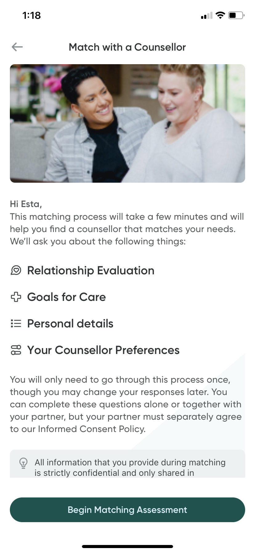 The first step of the couples counselling matching flow.