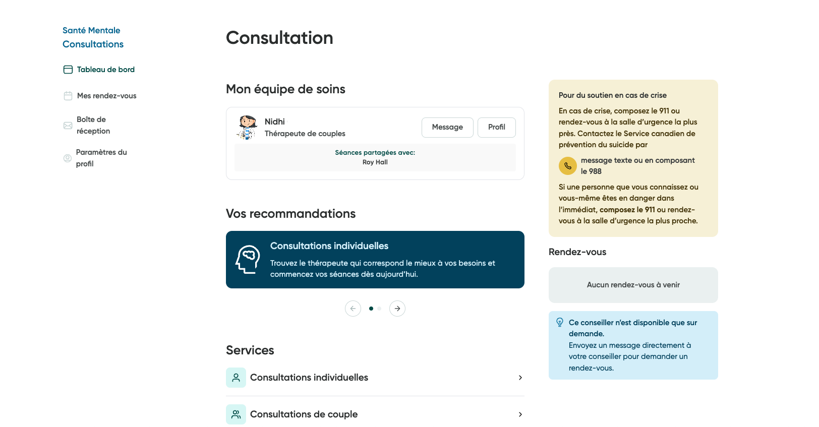 L'écran du tableau de bord du conseil en santé mentale.
