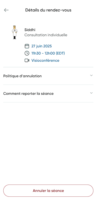 L'écran d'annulation de rendez-vous.