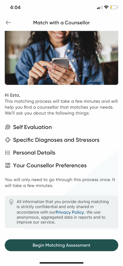 The initial matching screen for individual matching on a mobile device.