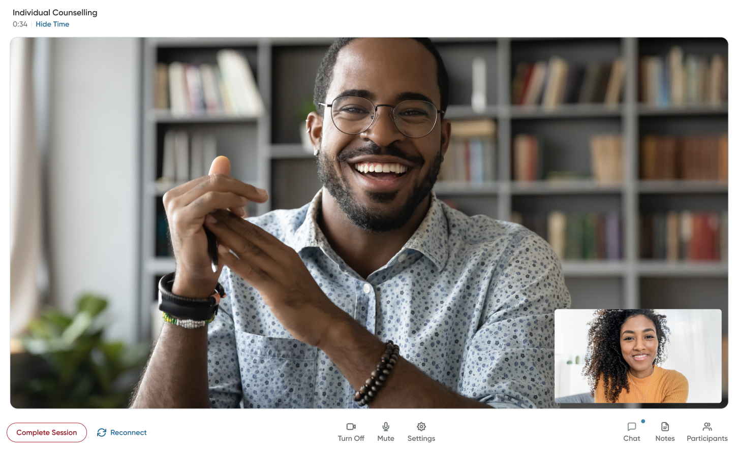 The session screen in virtual counselling.