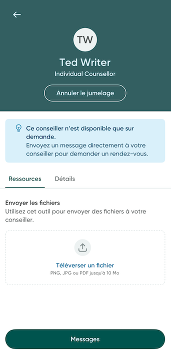 L’écran présentant le profil du professionnel ou de la professionnelle en santé mentale et les ressources.